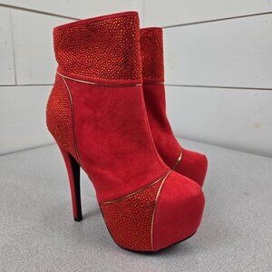 Ruby Red High Heel Platform Tatey Boots Gold Accents Ruby Sequin Dress Shoes